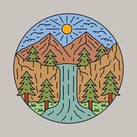 natureza de beleza com design de t-shirt de arte vetorial de ilustração gráfica de cachoeira e montanha vetor
