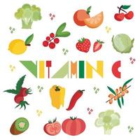 conjunto plano de fontes de vitamina c. coleção vetorial de frutas, legumes e frutas com ácido ascórbico. comida dietética, alimentação saudável. ilustração vetorial isolada no fundo branco. vetor