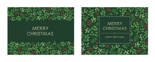 conjunto de cartões de férias com molduras florais e enfeite de natal. padrões de galhos de inverno em cores verdes vetor