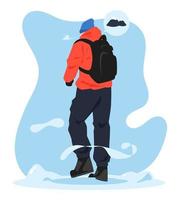 ilustração de vista traseira do homem de terno completo escalando uma montanha nevada. ícone de montanha de neve. conceito de escalada, hobby, temporada de neve. estilo de vetor plano
