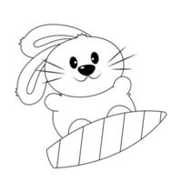coelho fofo na prancha de surf. desenhar ilustração em preto e branco vetor