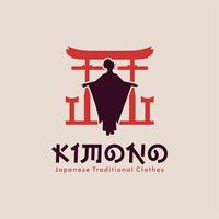 silhueta de menina de quimono com fundo de portão japonês para design de vetor de logotipo histórico de moda japonesa