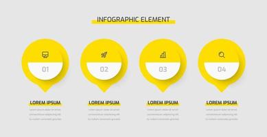 apresentação de infográfico de negócios com cor amarela 4 círculos, números e ícones. pode ser usado para diagrama de processo, apresentações, layout de fluxo de trabalho, banner, fluxograma vetor