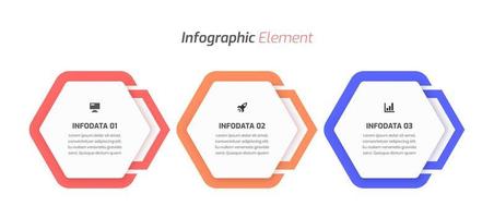 design de modelo de infográfico de negócios com rótulo hexagonal, ícone e 3 opções. adequado para diagrama de processo, apresentações, layout de fluxo de trabalho, banner, fluxograma, infográfico. vetor