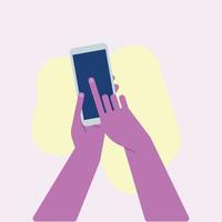 mão segurando o celular horizontalmente e verticalmente com o vetor de ilustração de tela em branco definido em estilo simples, a palma da mão está tocando a tela do smartphone com o dedo polegar.