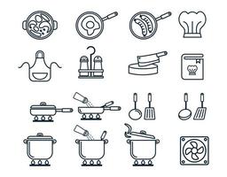 ícones de linha de cozimento. tempo de fervura, frigideira e utensílios de cozinha vetor