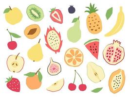 fruta abstrata suculenta brilhante definida em um estilo desenhado à mão plana. ilustração vetorial com diferentes frutas e bagas modernas vetor