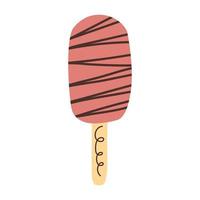picolé de sorvete vermelho no palito com cobertura de chocolate em um estilo plano desenhado à mão. ilustração vetorial fofa isolada em um fundo branco vetor