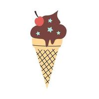 cone de waffle de sorvete de chocolate com cereja e cobertura em um estilo plano desenhado à mão. ilustração vetorial fofa isolada em um fundo branco vetor