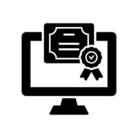 ícone de silhueta de diploma online. conceito de educação digital on-line e a distância. certificado com o ícone preto do distintivo de licença. prêmio, bolsa, diploma a distância. ilustração vetorial isolado. vetor