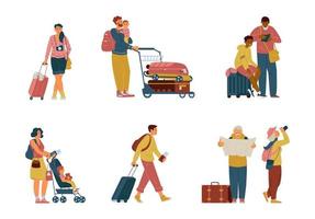 conjunto vetorial de personagens no aeroporto com malas, carrinho, mochilas. família viajando, sozinho, casal sênior. ilustração vetorial plana. isolado no branco. vetor