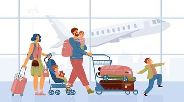 família com crianças empurrando carrinho com bagagem andando no aeroporto saindo de férias. mãe com carrinho de bebê, pai segurando a criança nas mãos, menino feliz pulando. ilustração vetorial plana. vetor