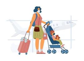 mulher com criança no carrinho de bebê usando máscara protetora no aeroporto saindo de férias. viajar durante o conceito de pandemia. ilustração vetorial plana. vetor