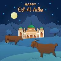 Banner recortado de noite eid adha com animais e mesquita vetor