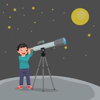 menino bonitinho usando telescópio olhando para estrelas e galáxias à noite vetor