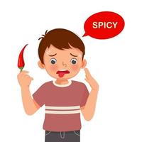 menino bonitinho segurando pimenta vermelha mostrando sabor picante da língua cinco sentidos vetor