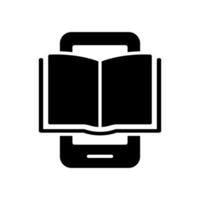 ícone de silhueta ebook no celular. dispositivo de livro eletrônico para educação e aprendizado. leitor de e-book, ícone preto do e-reader. smartphone com pictograma de ebook aberto. ilustração vetorial isolado. vetor