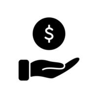 mão com ícone de silhueta de moeda de dólar. conceito de caridade e doação. ajuda financeira para necessitados. ícone preto do apoiador de patrocínio. ilustração vetorial. vetor