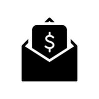 envelope com ícone de silhueta de conta de pagamento. pictograma preto de nota de dólar. ícone de recompensa, pagamento e transferência financeira. envelope aberto com dinheiro. ilustração vetorial isolado. vetor