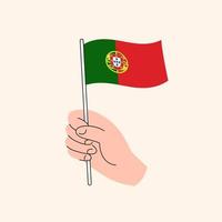mão dos desenhos animados segurando a bandeira portuguesa. bandeira de portugal, ilustração do conceito, vetor isolado design plano.