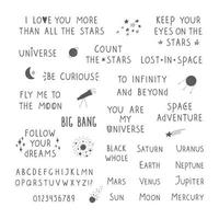 conjunto de letras sobre o espaço. nomes de planetas e citações cósmicas. alfabeto desenhado à mão e números vetor