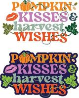 beijos de abóbora e desejos de colheita - o design decora com folhas de abóbora e lábios cor de rosa. outono texto outono cor cartaz. bom para decoração de fazenda vetor