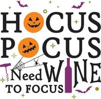 hocus pocus eu preciso de vinho para me concentrar - citações engraçadas de halloween decoram com garrafas de vinho, morcegos e estrelas vetor