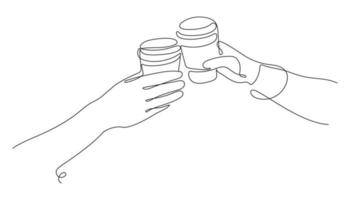 um desenho de linha contínua de mãos com copos de café. mãos tilintam copos de café. ilustração vetorial, arte de linha. vetor