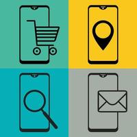 compras de smartphones icons.online, navegação, pesquisa, mail.a conjunto de ícones planos para ilustração web design.vector. vetor