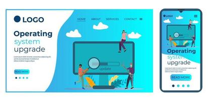 atualização do sistema operacional.pessoas próximas ao computador.modelo para a interface do usuário da página inicial do site.modelo da página de destino.o design adaptável da ilustração smartphone.vetor. vetor