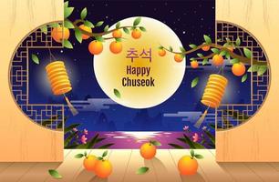 feliz projeto chuseok com ramos de laranja à noite vetor