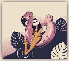 design retro com mulher sentada no flutuador flamingo vetor