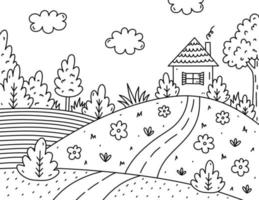 crianças fofas para colorir. paisagem com nuvens, casa, árvores, arbustos, flores, campo e estrada. ilustração vetorial desenhada à mão em estilo doodle. livro de colorir dos desenhos animados para crianças. vetor