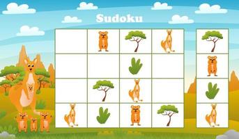 jogo de tabuleiro sudoku infantil com canguru de desenho animado e quokka no deserto. enigma com personagens de animais australianos vetor