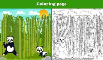 página para colorir imprimível para crianças com cena japonesa com urso panda comendo bambu e ursinho fofo, planilha vetor