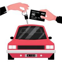 aluguel de carros entrega a chave para outra pessoa com cartão de crédito na frente do veículo vermelho vetor