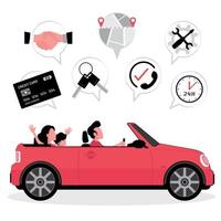 família dirigindo carro com ícones de cartão de crédito, chaves, mapa, serviço vetor