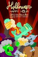 convite de cartaz de festa de cerveja happy hour especial de halloween frankenstein bruxa duende verde barril de cerveja bebida festa vetor