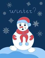 cartaz de inverno de um boneco de neve em um fundo azul no estilo doodle vetor
