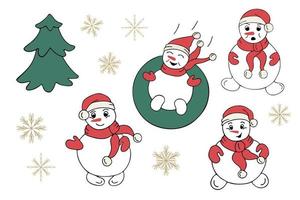 conjunto vetorial de bonecos de neve, árvores de natal, flocos de neve em um fundo branco no estilo doodle vetor