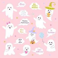 fantasmas de halloween rosa fofos com provérbios em bolhas do discurso. personagens de bebês mágicos com diferentes emoções, expressões faciais e acessórios. perfeito para férias, decoração, adesivos, ícones. vetor