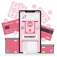 conceito de pagamento por telefone com cartões de crédito e caixas cor de rosa vetor