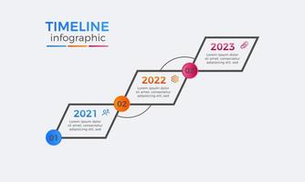 design de infográficos de três etapas de linha do tempo moderna, modelo de design de rótulo de infográfico de linha do tempo com ícone vetor