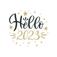 Olá 2023. feliz natal e feliz ano novo letras. cartão de férias de inverno, conjunto de ilustração de citações e frases de natal. coleção de tipografia para banners, cartão postal, cartões, presentes vetor