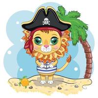 pirata leão, personagem de desenho animado do jogo, gato animal selvagem em uma bandana e um chapéu armado com uma caveira, com um tapa-olho. personagem com olhos brilhantes vetor