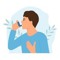 homem usa um inalador de asma contra ataque. dia mundial da asma. alergia, asma brônquica. ilustração vetorial vetor