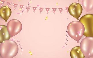 fundo rosa festivo com balões, guirlanda de bandeiras e serpentina vetor