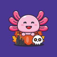 axolotl bonito na abóbora de halloween. ilustração bonito dos desenhos animados de halloween. vetor
