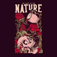 camiseta design o sabor da natureza com planta derramando café na ilustração vintage do crânio vetor