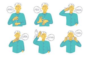 coleção de personagens de doodle de comida de linguagem de sinais vetor